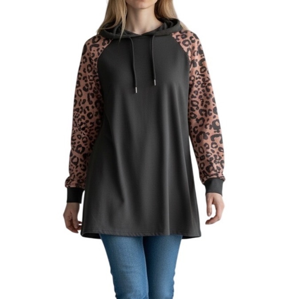 Emery Rose Womens Leopard‎ Print Raglan Hoodie Black Brown Animal Print Large